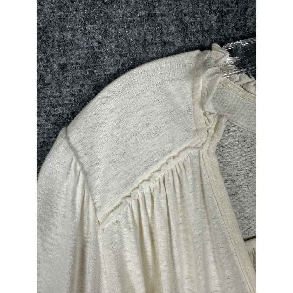 Free People Women Smocked Cuff V Neck Top Medium Boho Slub Knit Ivory White - Picture 9 of 12